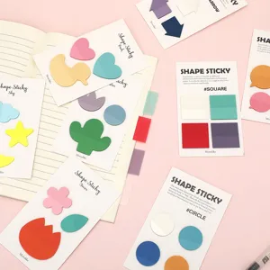 Transparent PET shaped sticky notes and index tabs flatlay layout on aesthetic notebook.