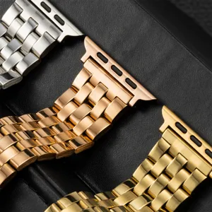 Stainless steel metal watch band replacement strap five bead design compatible with smart watch