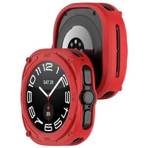 Red rugged TPU protective case for 47mm smart watch, shockproof armor cover with bezel scale.
