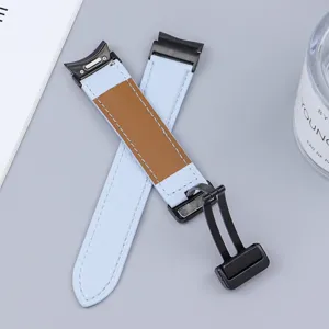 Detailed view of replacement leather watch strap with magnetic folding clasp for watch.