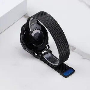 Black magnetic Milanese metal watch strap with protective case compatible with smartwatch.