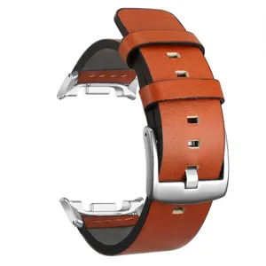 Cinturino di ricambio in pelle marrone per orologio con fibbia e connettori in metallo.