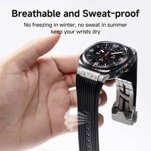 Silicone watch strap with stainless steel folding clasp, breathable design for daily wear.