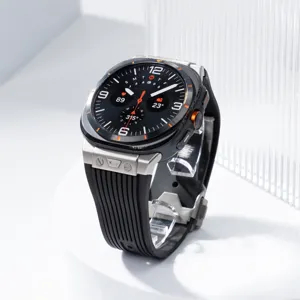 Close-up detail of stainless steel folding buckle and silicone watch strap for smart watch.