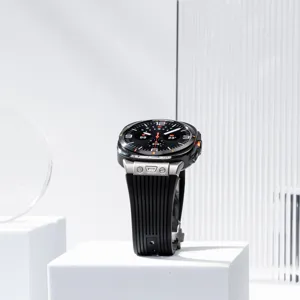 Silicone watch band with metal lugs and stainless steel clasp for Samsung Galaxy Watch.