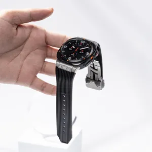 Silicone watch strap with stainless steel folding clasp and metal connector for Samsung Watch Ultra.