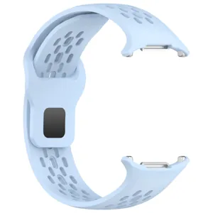 Detailed close-up presentation of the light blue breathable silicone sport watch strap.