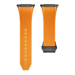 Replacement vibrant orange silicone watch strap with folding clasp and metal connectors
