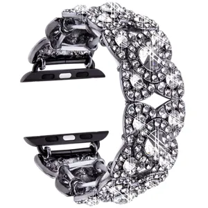 Rhinestone metal watch band detail, sparkling crystal four petal flower links for smart watch.