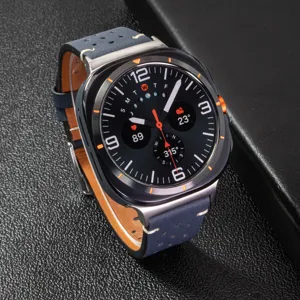 Premium perforated leather watch strap with contrast stitching and secure metal buckle.