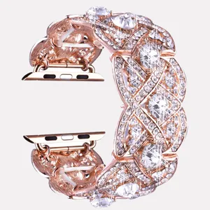 Rose gold metal rhinestone watch band detail, sparkling crystal four petal links replacement.