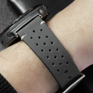 Black perforated leather watch strap with contrast stitching for smart watch detail view