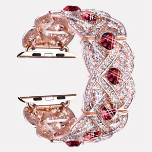 Detailed view of luxury rose gold metal rhinestone watch band compatible with Apple Watch sparkling gems.