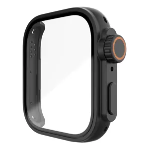 Vue détaillée du boîtier de montre noir avec découpes précises et design de couronne.