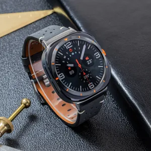 Black perforated leather watch strap detail showing stitching and metal buckle setup.