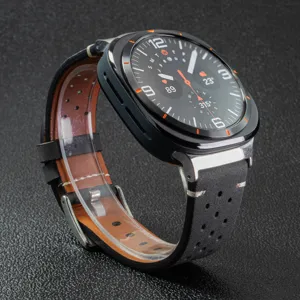 Compatible breathable perforated leather watch strap with stitching for smartwatch stylish daily wear.