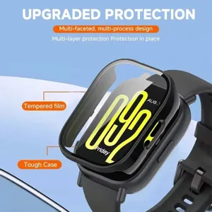 Vue détaillée de la coque de protection et du film en verre trempé pour la montre connectée.