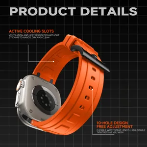 Dettaglio cinturino in silicone, arancione con fessure di ventilazione e design a 10 fori.