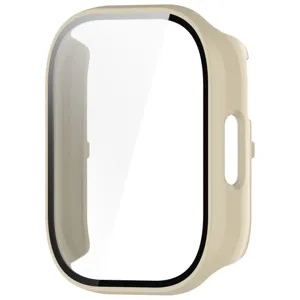 Détail de l'étui de protection beige pour montre connectée avec verre intégré et découpes.