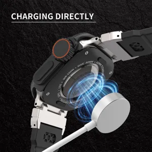 Close-up detail of the metal protective watch case showing direct magnetic charging feature clearly.