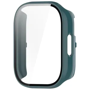 Vue rapprochée de la coque de protection de montre connectée vert foncé avec verre trempé.