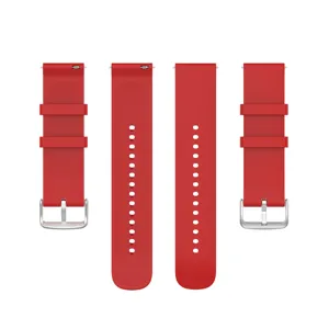 Detailed view of red silicone watch band with silver buckle, 20mm and 22mm universal fit.