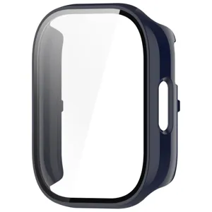 Vue détaillée de l'étui de protection bleu foncé avec verre trempé intégré pour montre.