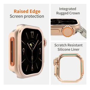Zinc alloy metal bumper protective case for smartwatch with silicone liner and raised edge.