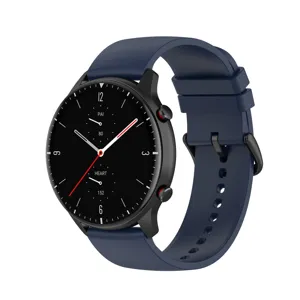 Dark blue silicone watch strap detail shot, smooth round tail design for smartwatches.
