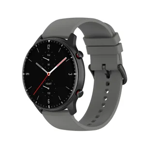 Round smartwatch with grey silicone strap and black case, modern fitness tracker design.