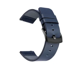 Blauw echt lederen horlogeband detail, compatibel met smartwatches, 20mm 22mm maten.