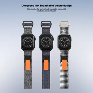 Breathable canvas velcro watch band details, showing color options and metal link buckle.