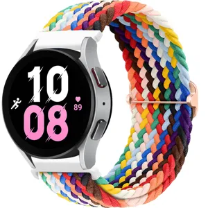 Detailed view of colorful braided nylon watch strap with metal slider buckle, universal fit.