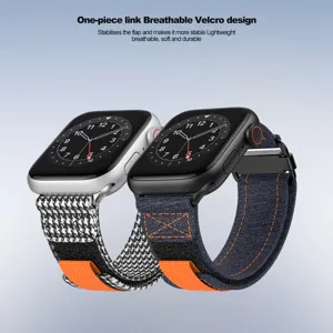 Detail view of breathable canvas velcro watch strap showing durable stitching and double design.