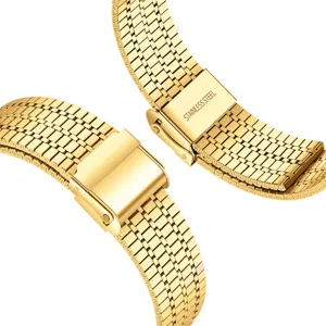 Gold stainless steel watch band detail, seven-bead link and double safety clasp design.