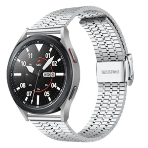 Stainless steel watch strap detail, silver metal mesh band with double safety buckle.