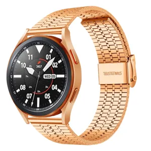 Rose gold stainless steel watch strap detail, metal link bracelet with secure clasp.