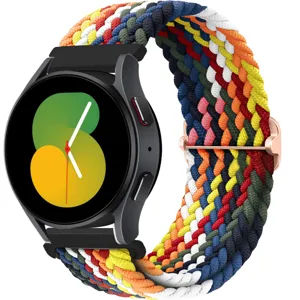 Close-up detail of the colorful braided nylon watch band with adjustable metal slider clasp.