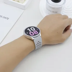 Silicone mesh strap with protective case for smartwatch detail view, breathable grey band.