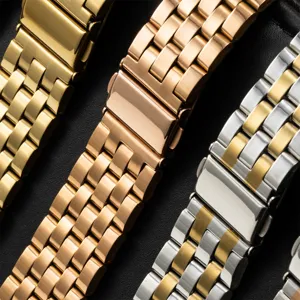 Stainless steel metal watch band with 5-bead folding clasp for smart watches, premium finish.