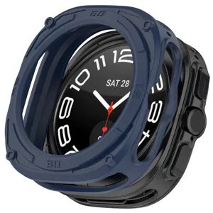 Rugged protective case detail shot, dark blue TPU bumper, designed for 47mm smartwatches.
