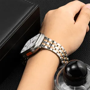 Stainless steel watch band detail shot, two-tone metal link strap for smart watch.