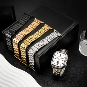 Detailed view of stainless steel metal watch bands with five-bead folding clasp design.