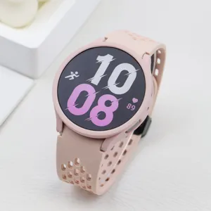 Pink silicone mesh watch strap and PC hollow protective case set for smartwatches.