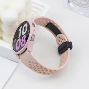 Silicone perforated watch strap and PC hollow case set for Samsung Watch 6, pink magnetic clasp.