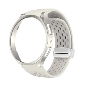 Silicone mesh watch strap and PC hollow case set for Samsung Watch 6/6 classic, breathable white.