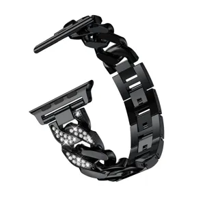 Cinturino per orologio in metallo nero con strass per Apple Watch, design a catena.
