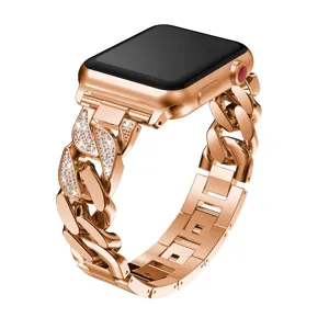 Cinturino in catena di metallo strass oro rosa compatibile con Apple Watch, elegante.