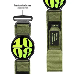 Nylon quick release horlogeband met roestvrijstalen haakgesp voor smartwatch gebruik.