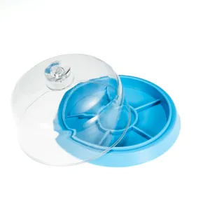 Vista dettagliata della copertura antipolvere per orologi in plastica trasparente con base.